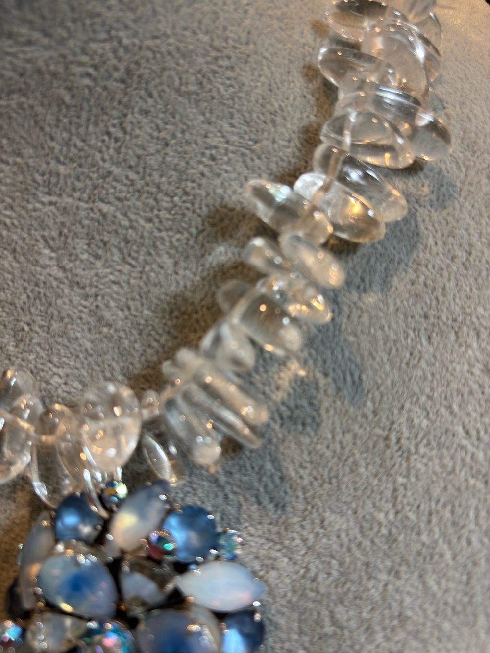Clear Crystal Chip Necklace with Blue vintage repurposed crystal Pendant - Picture 3 of 4